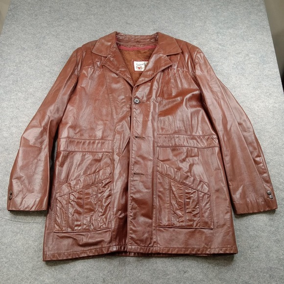 Vintage Sears Leather Shop Coat Mens XL Tall Brown Faux Fur Lined 70s Overcoat